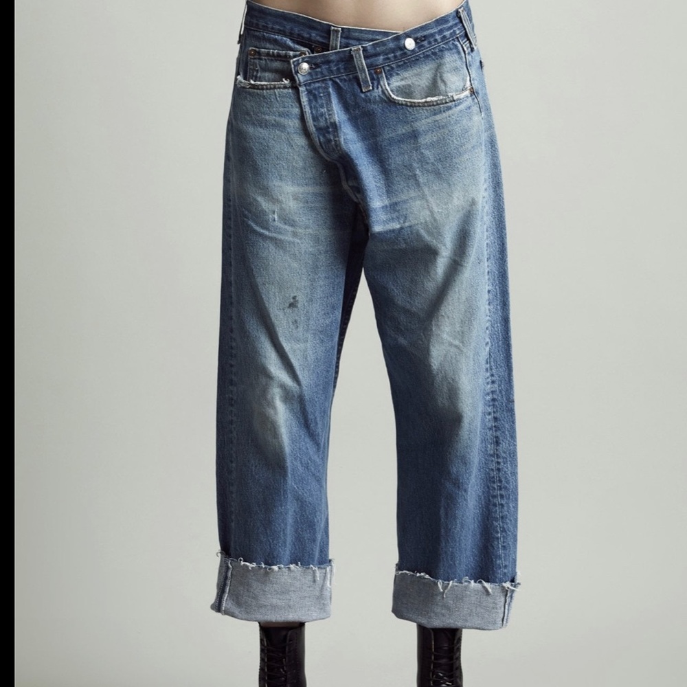 Repurposed Denim. Angled front button fly style. Brand new.